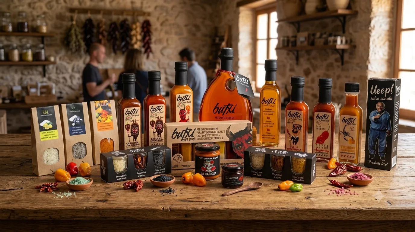 BUTXI Sortiment — Hot Sauces, Öle und Gewürzsalze auf einem Holztisch auf Mallorca